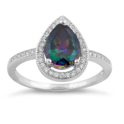 Sterling Silver Rainbow Topaz CZ Tear Drop Ring