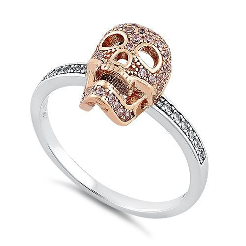 Sterling Silver Rose Gold Two Tone Skull Pink & Clear CZ Ring