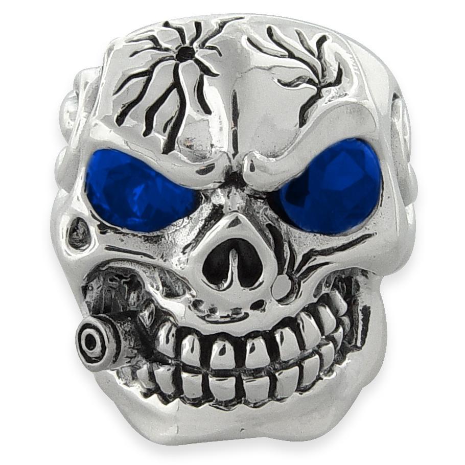 Sterling Silver Skull Ring with Blue Cubic Zirconia
