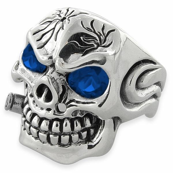 Sterling Silver Skull Ring with Blue Cubic Zirconia