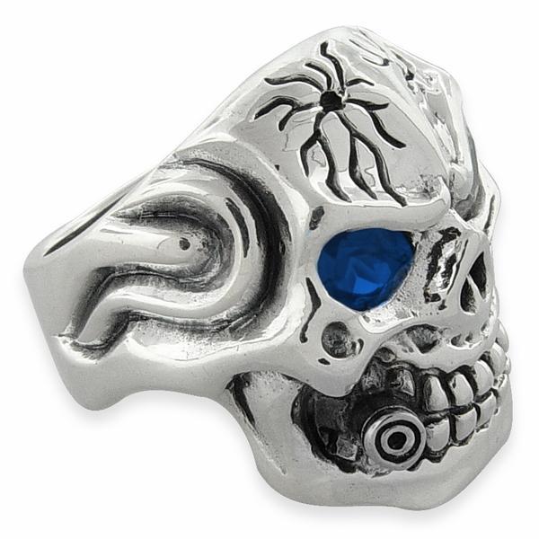 Sterling Silver Skull Ring with Blue Cubic Zirconia