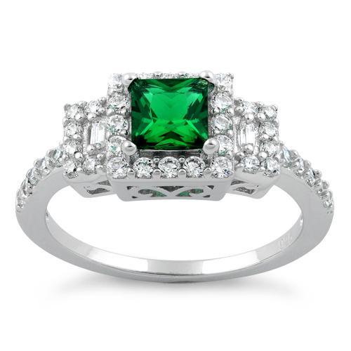 Sterling Silver Square Emerald CZ Cushion Engagement Ring