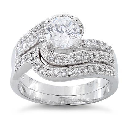 Sterling Silver Swirl CZ Wedding Set Ring