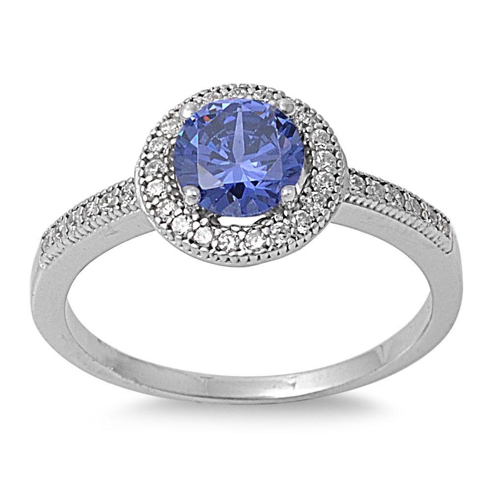 Sterling Silver Tanzanite Round CZ Halo Engagement Ring