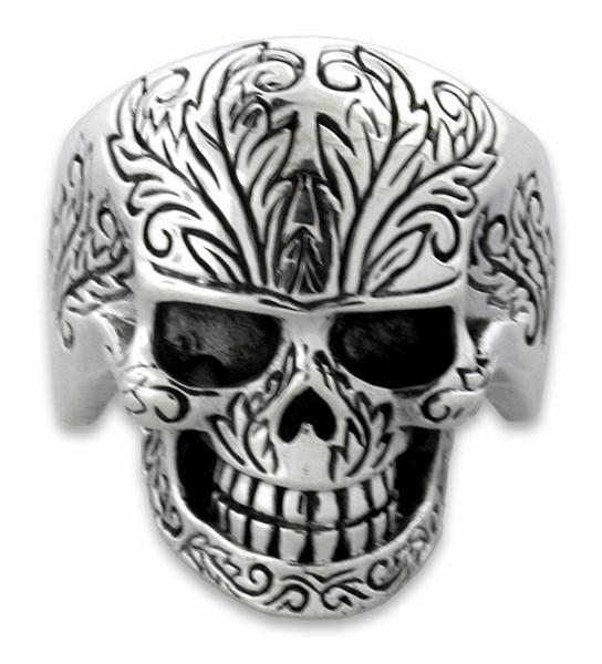 Sterling Silver Tattooed Skull Ring