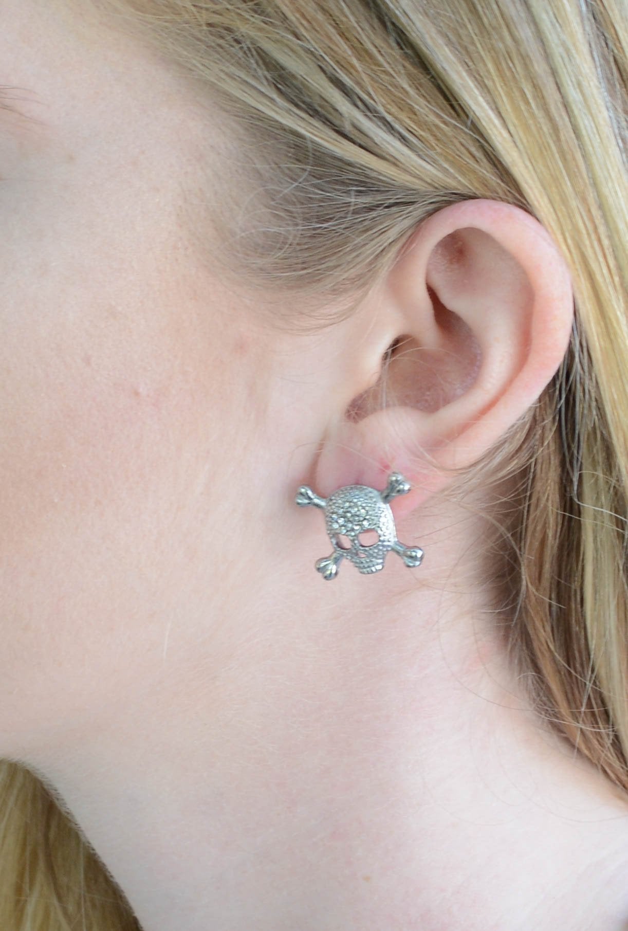 Bling Earrings Post &amp; Nut Silver Tone Imitation Diamonds Stainless Steel Motorcycle Biker Jewelry