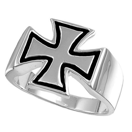 Sterling Silver Black Line Iron Cross Ring