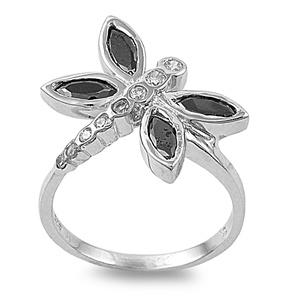 Sterling Silver Black Winged Dragonfly CZ Ring