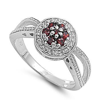 Sterling Silver Garnet Clear Round CZ Ring