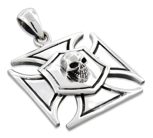Sterling Silver Iron Cross Embossed Skull Pendant
