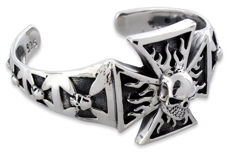 Sterling Silver Iron Cross Flaming Skull Bangle Bracelet