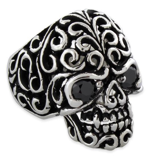 Sterling Silver Fleuron Skull Black CZ Eyes Ring