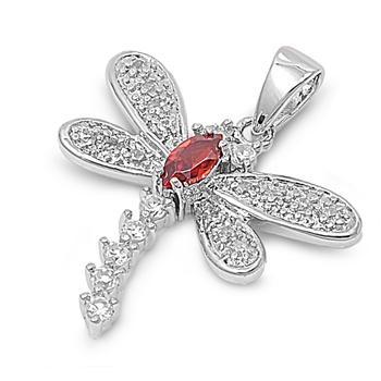 Sterling Silver Garnet Clear CZ Dragonfly Pendant