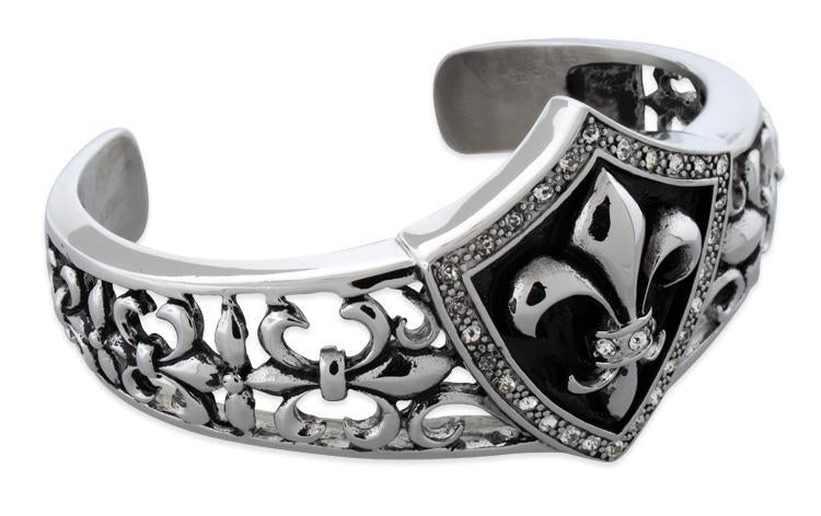 Stainless Steel Fleur de lis Cuff Bangle Bracelet w/ CZ