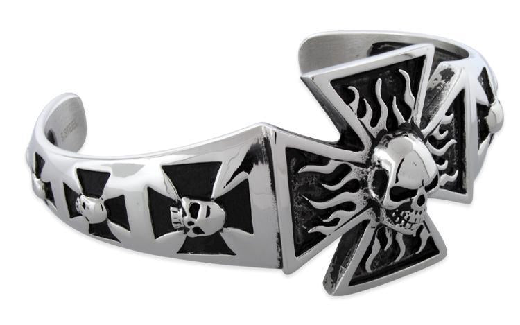 Stainless Steel Iron Cross Flaming Skull Bangle Bracelet