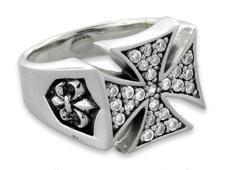 Sterling Silver CZ Iron Cross with Fleur de Lis Ring