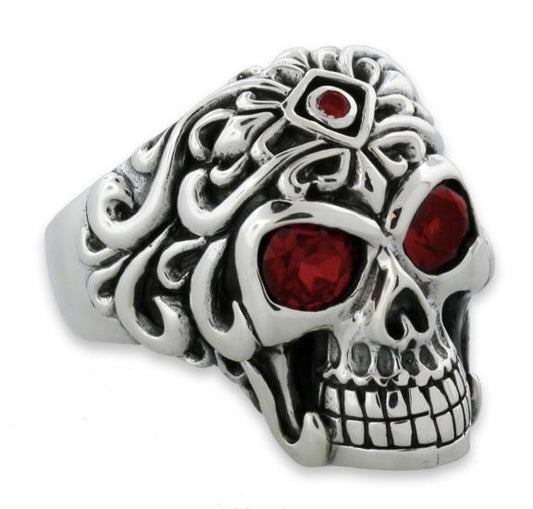 Sterling Silver Bali Style CZ Eyes Skull Ring