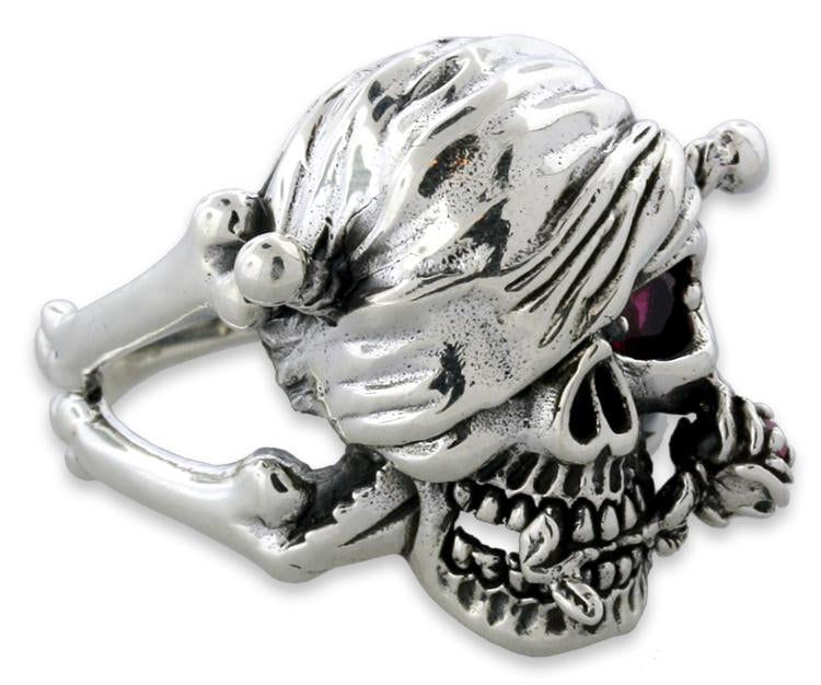 Sterling Silver One Eyed Skull with Rose Ring