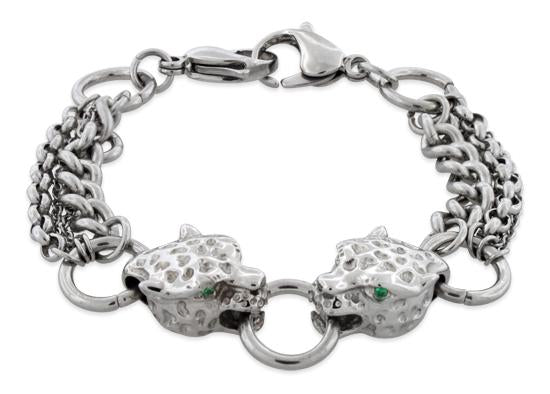 Stainless Steel Chained Panthers CZ Bracelet